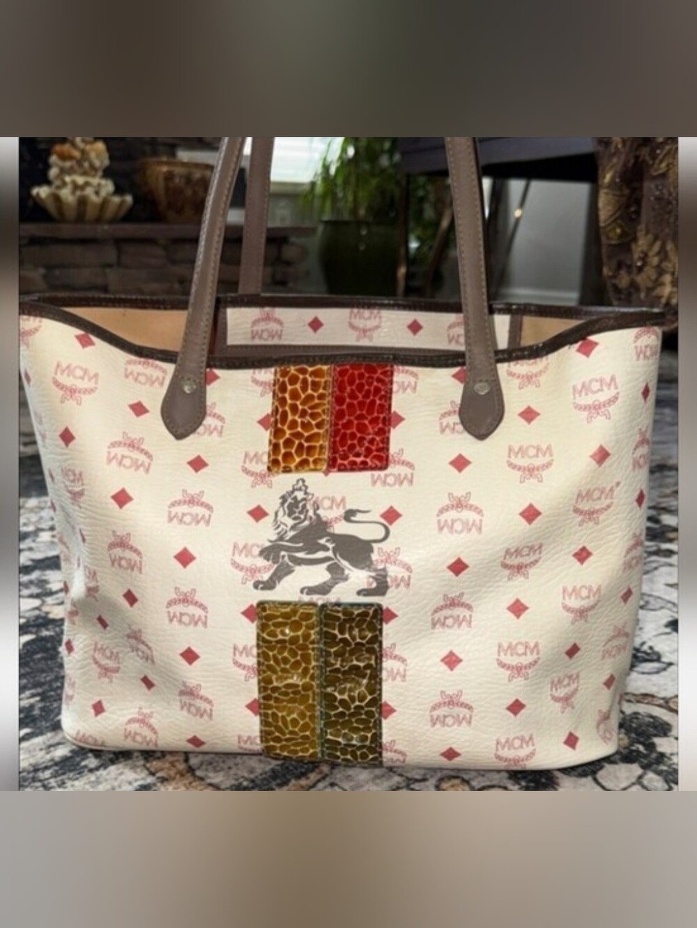 MCM White Pink Logo Canvas Tote with Multicolor Accent Stripes